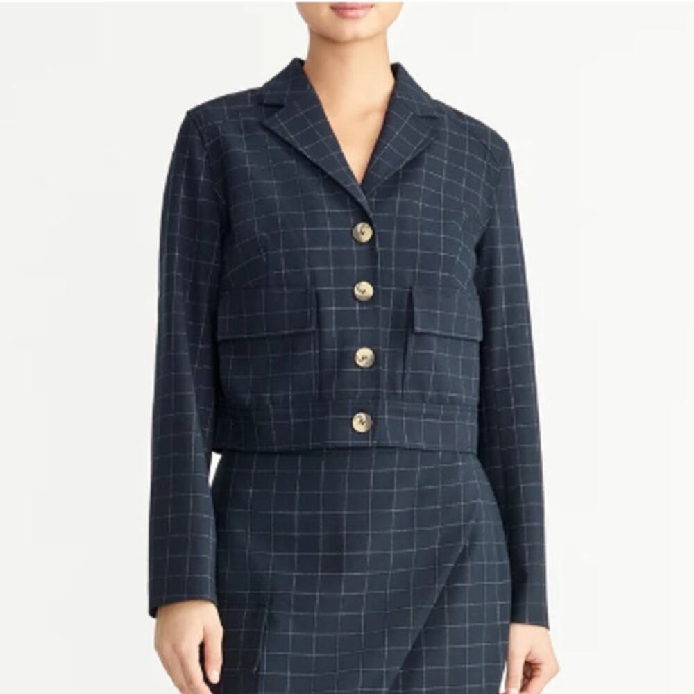 Rachel Roy Checked Plaid Blazer Windowpane Cropped Boxy Jacket, Navy Blue